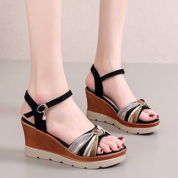 

sandals 2021 women's wedge summer fashion ankle strap platform woman open toe thick bottom beach shoes ladies, Black