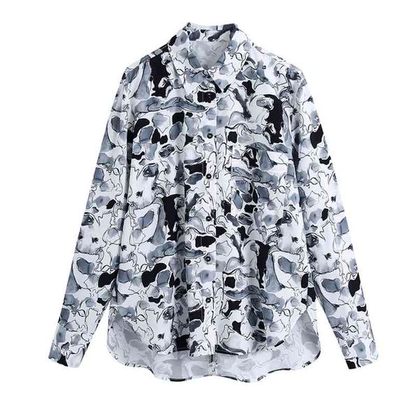 

spring and autumn women's casual printed lapel long sleeve pocket decorated loose shirt 210430, White