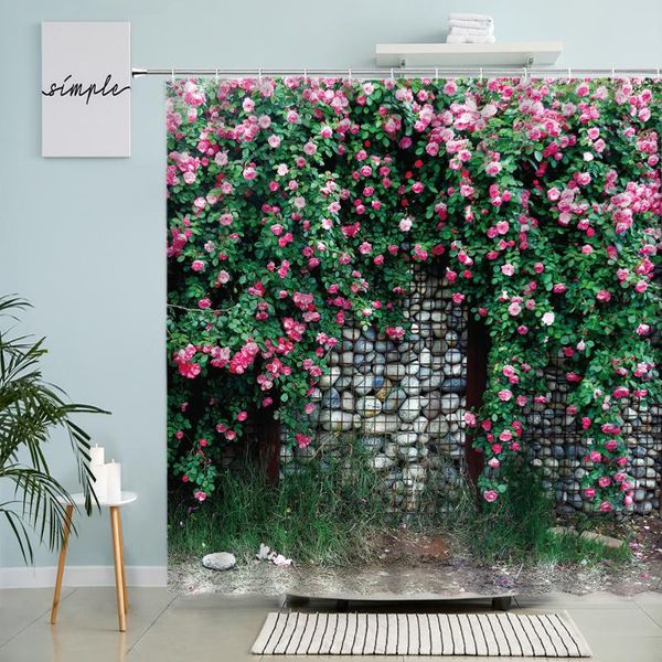 

shower curtains retro old brick wall curtain green plants flowers rattan window garden natural scenery bathroom decor with hook