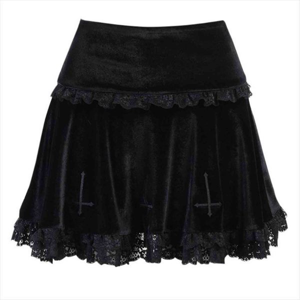 

dark gothic velvet black pleated womens skirts mini punk cross embroidery lace trim patchwork high waist flared streetwear