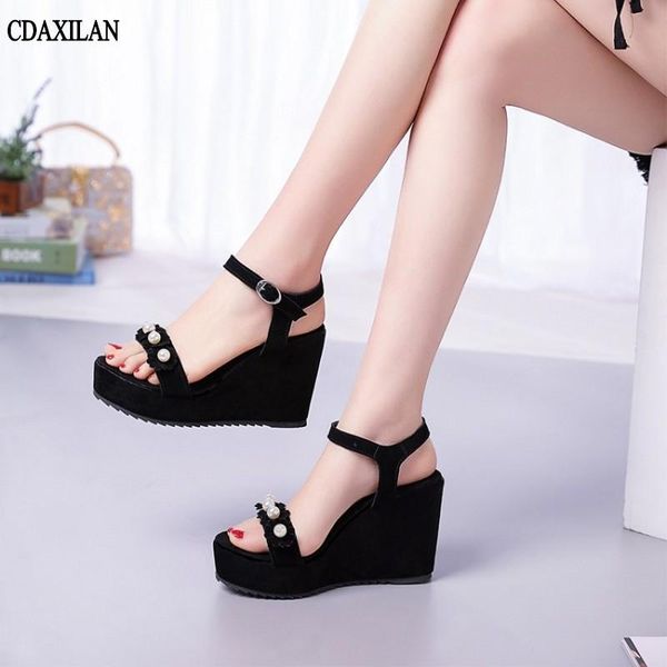

arrivals sandals women genuine cow suede wedge ankle wrap buckle strap platform high heel summer casual, Black