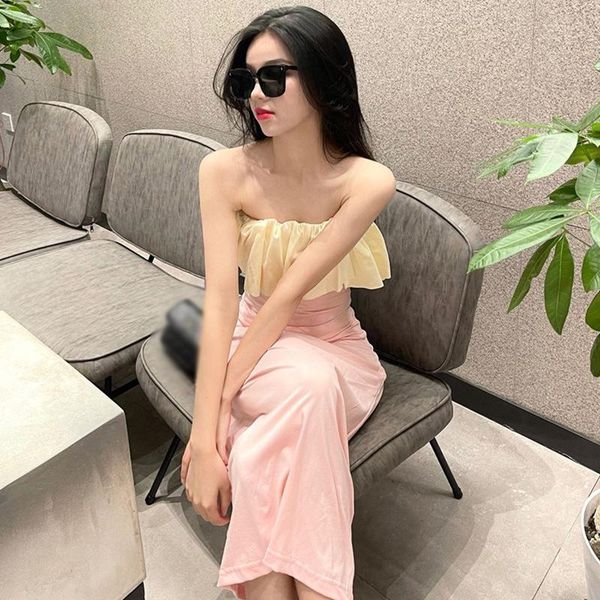 

casual dresses women's summer korean fashion all-match square shoulder split design sense mid-length tight skirt dress listing, Black;gray