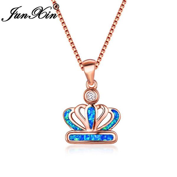 

pendant necklaces junxin female crown white blue fire opal for women rose gold filled zircon rainbow birthstone wedding choker, Silver