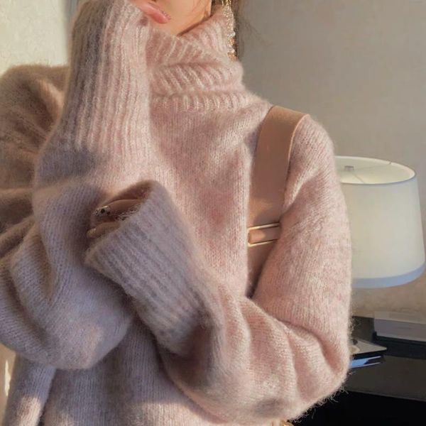 

women's sweaters mohair turtleneck female sweater and pullovers loose solid pink elegant office lady pulls outwear, White;black