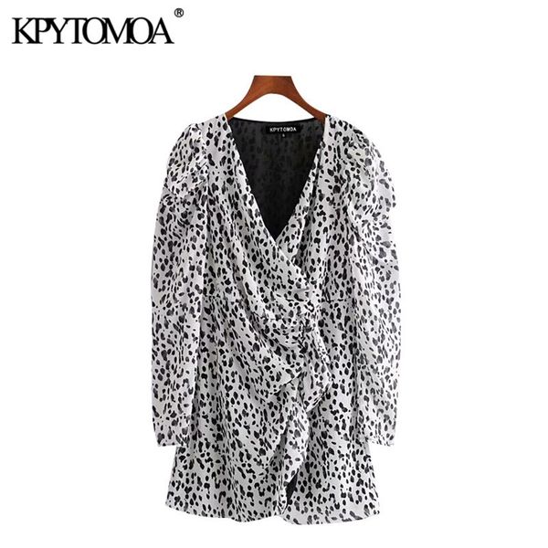 

women chic fashion animal print ruffled mini dress wrap v neck puff sleeve female dresses vestidos mujer 210420, Black;gray