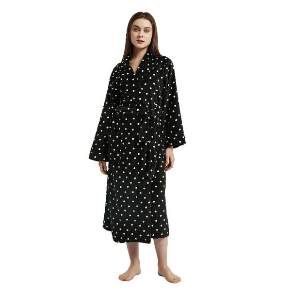 Merrylife Damen-Bademantel, Übergröße, schwarze Punkte, Korallen-Fleece, warmer Bademantel, Nachtwäsche, Kimono-Morgenmantel, Nachtwäsche, Bademantel für Damen