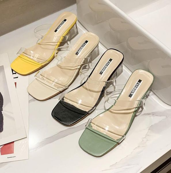 

slippers women shoes celebrity wearing simple style pvc clear strappy buckle high heels woman transparent, Black