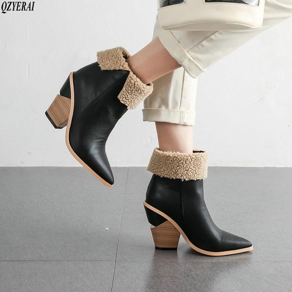 

boots autumn ankle women pu leather wedges high heels western pointed toe fashion winter women's shoes woman, Black