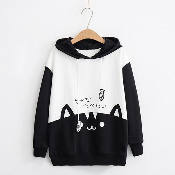 

women's hoodies & sweatshirts oversized womens cat printed long sleeve pullovers autumn japanese style hooded spring thin, Black