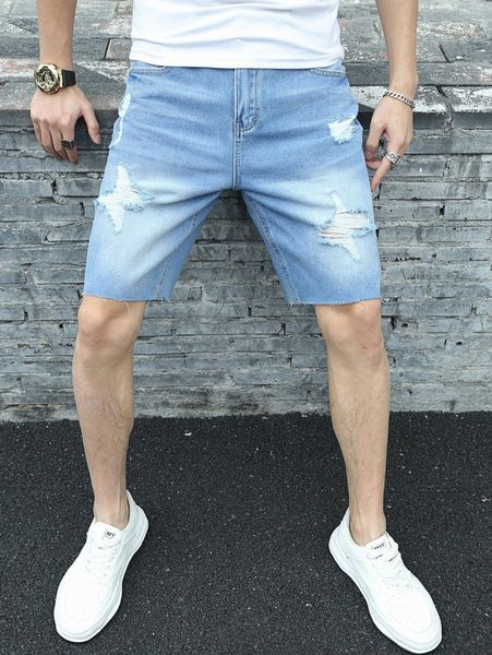 

men ripped raw hem denim shorts o31y#, Blue