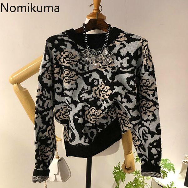

nomikuma pull femme korean vintage flower sweater women o neck long sleeve autumn casual retro pullover jumpers 3d698 210514, White;black