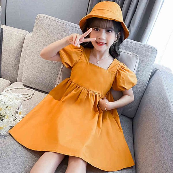 

girl's dresses summer light puff sleeve solid color with hat for girls kids clothes girl clothing 6m4i, Red;yellow