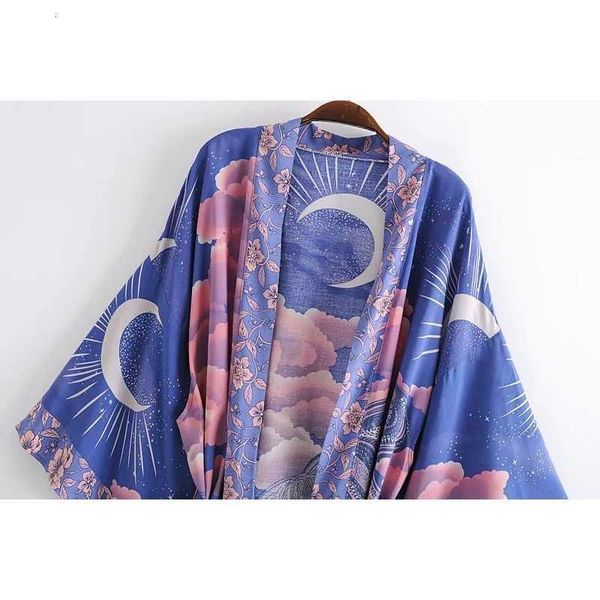 

2021 spring new women's rayon moon print kimono cardigan, White