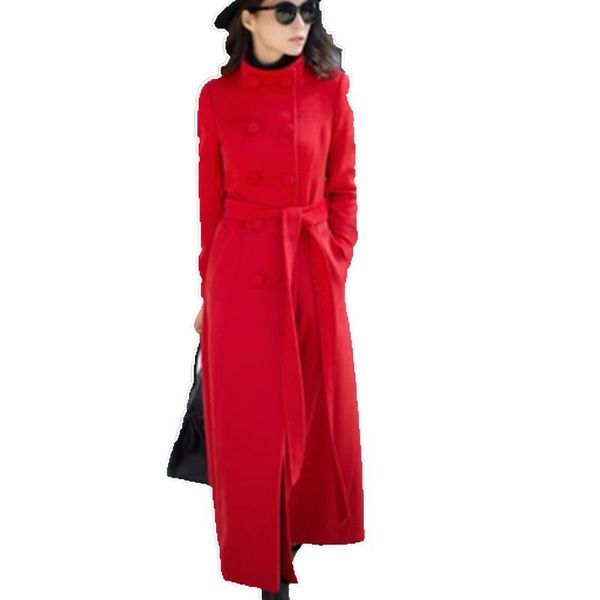 

women's wool & blends plus size 3xl winter x-long fashion woolen coat women stand collar double breasted slim, Black