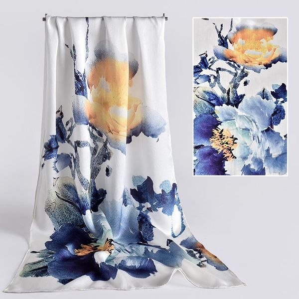 

100% silk long scarf women print natural bufandas blue headband scarves hangzhou real neckscarf 170x53cm, Blue;gray