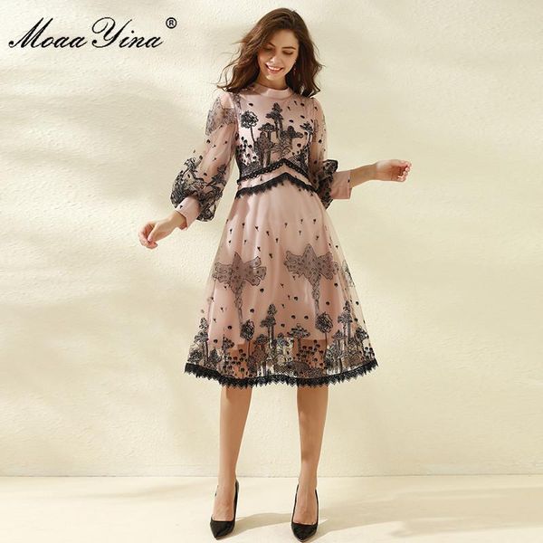 

moaayina fashion designer dress spring autumn women stand collar lantern sleeve mesh embroidery vacation dresses casual, Black;gray