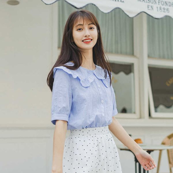 

women's blouses & shirts blouses summer pure cotton literary prairie chic youth short sleeve blouse faxe, White