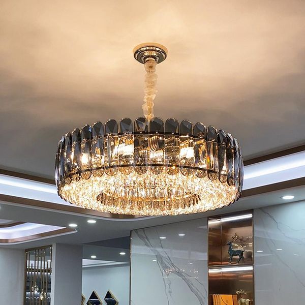 

modern luxury living room lighting gray k9 crystal e14 led pendant lights gold metal chain suspend light droplight fixtures lamps