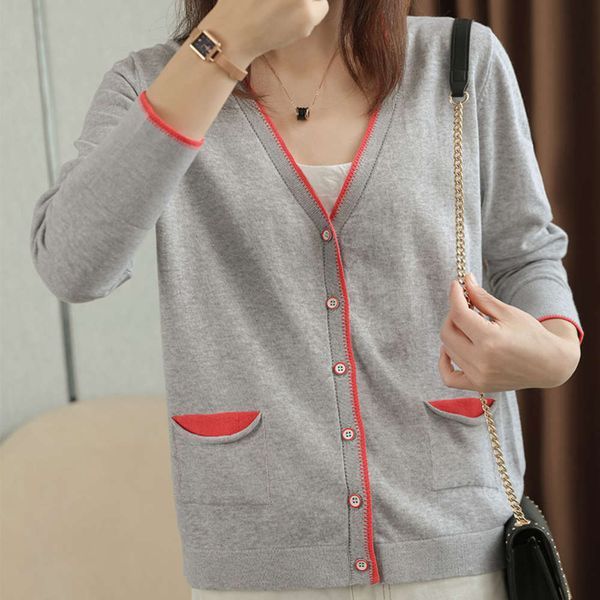 

in autumn, pure cotton casual loose v-neck worn outside solid color thin cardigan, White;black