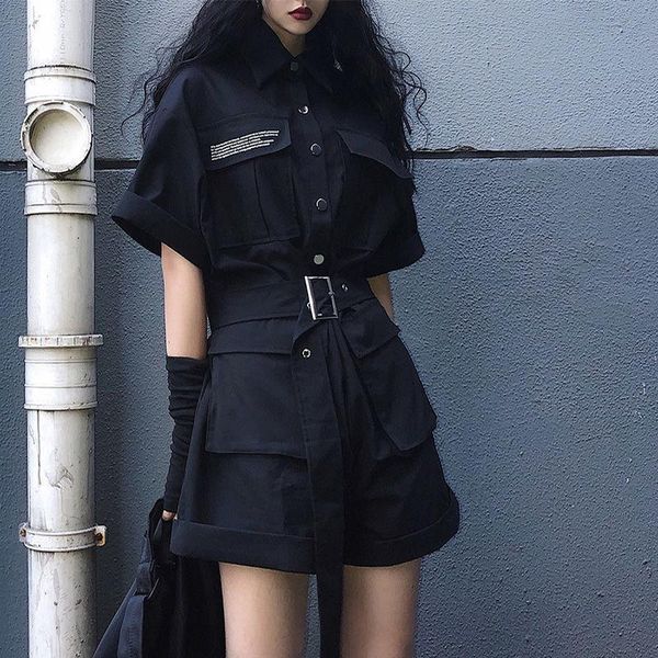 

women's jumpsuits & rompers black gothic women jumpsuit summer korean harajuku vintage playsuits slim short sleeve shorts body suit kdr, Black;white