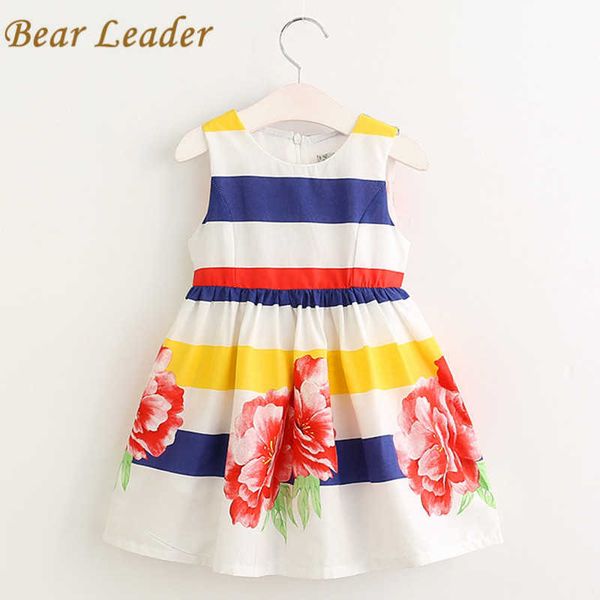 

bear leader girls dress fashion children costumes sleeveless striped dress for girl 5-7 years fashion print pattern kid clothing 210708, Red;yellow