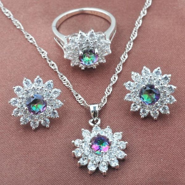 

earrings & necklace band multicolor rainbow zircon women's silver color jewelry sets pendant ring tz0468