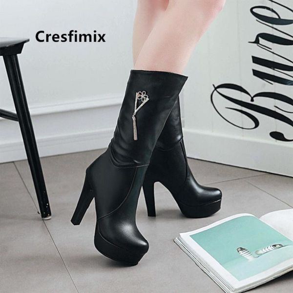 

boots cresfimix women fashion heel lady classic white autumn long botas de mujer leisure a6072, Black