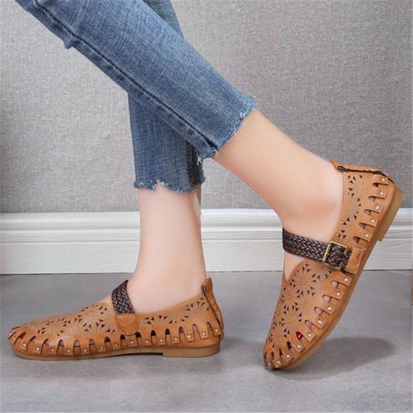 

sandals 2021 soft leather khaki women's shoes buckle cool hole single casual pumps comfortable sole round toe woman loafers 35-43, Black