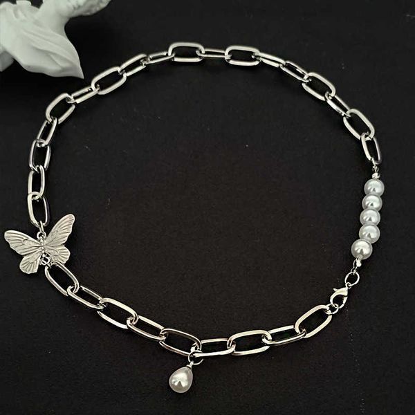 

hip hop clavicle chain ins cool wind butterfly pearl mosaic necklace fashion pendant women's metal thick accessories, Silver