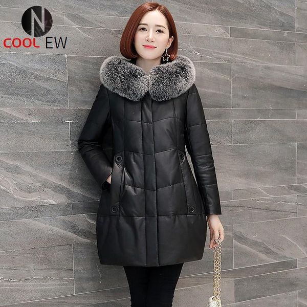 

women's leather & faux winter down coat women parkas genuine hooded jacket thick warm loose fit a-line long jackets streetwear female o, Black