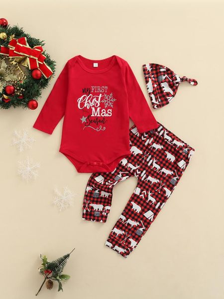 

clothing sets born christmas outfits baby girls snowflake letter print long sleeve round neck playsuit + plaid pants, White