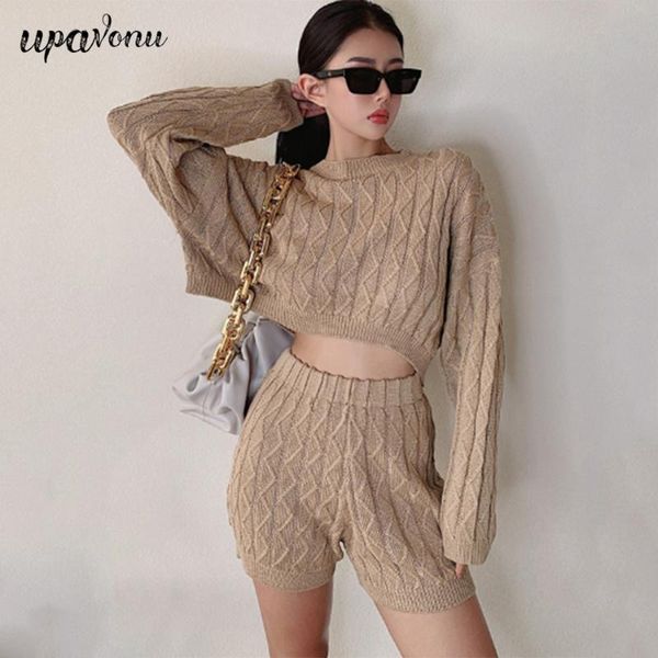 

women's tracksuits knitted sweater set 2021 o-neck long sleeve pullover shorts & elastic casual two-piece, Gray