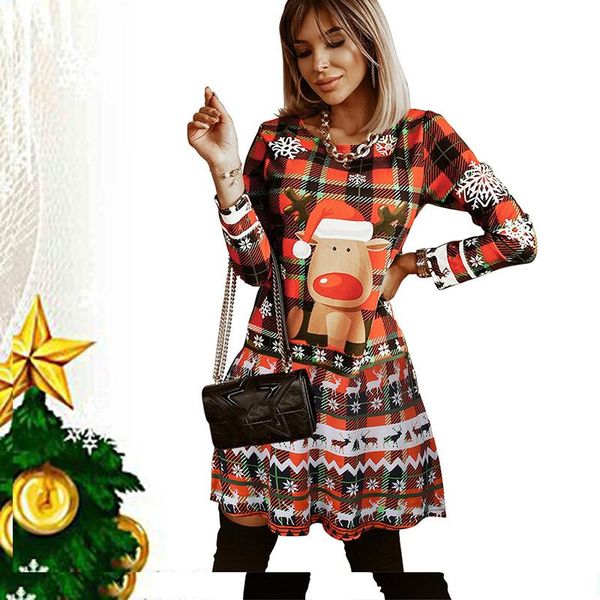 

casual dresses christmas elk printing slim dress women o-neck long-sleeve a line autumn office party draped mini female loose, Black;gray