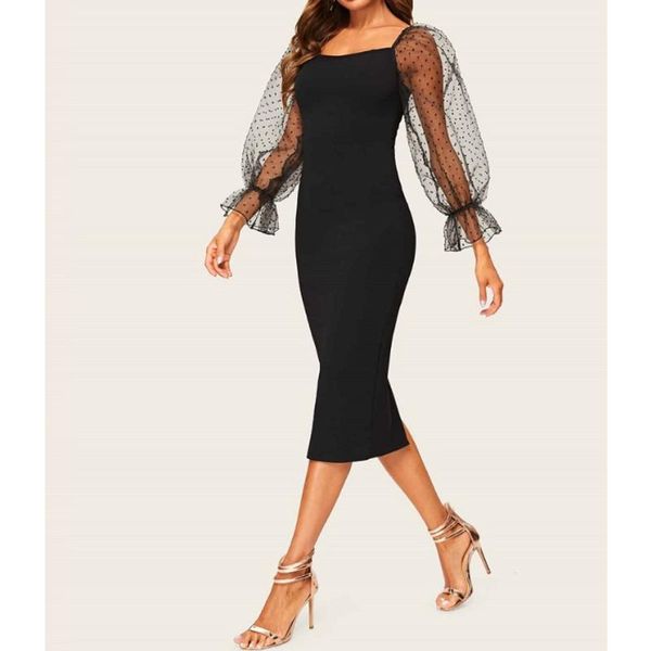 

casual dresses women mesh stitching slim dress long sleeve lace dot print elegant black, Black;gray