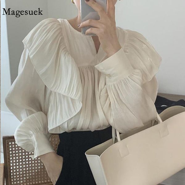 

women's blouses & shirts long lantern sleeve solid loose shirt 2021 ruffle stitching blouse spring chic pleated o neck gentle women bl, White