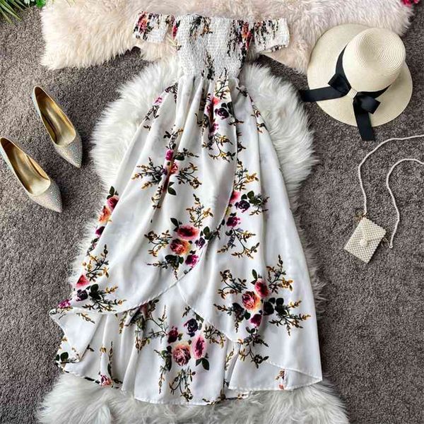 Verão Mulheres Dress Vestido Irregular Fenda Impressão Floral Longo Saia Pescoço Pessoas On-Way Strapless Peito Envoltório de Manga Curta Vestidos LL006 210507