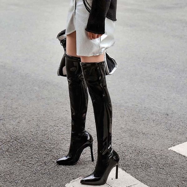 

boots high heels women over-the-knee patent leather thigh winter shoes nightclub plus size 43, Black