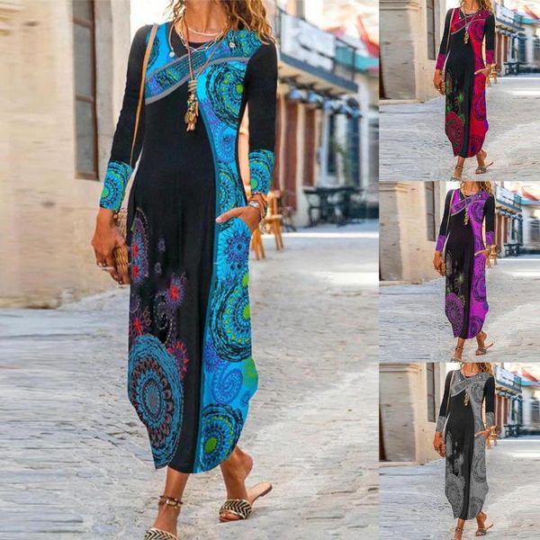 

casual dresses 5xl ladies ethnic style printed long-sleeved dress o neck loose large big autumn boho party elegant, Black;gray