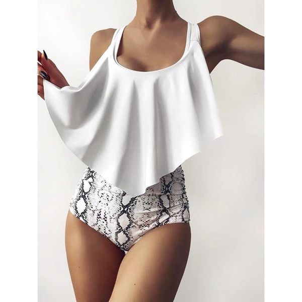 

women's swimwear women high waist bikini summer swimsuit print beach bathing suit ruffle, White;black
