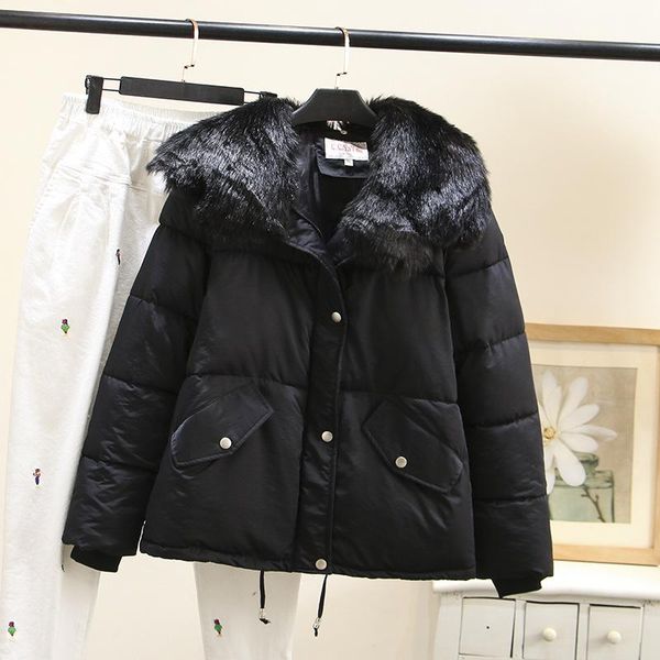 

plus size outerwear & coats winter short parka women jacket down cotton drawstring waist big fur collar thick warm loose clothes 2021, Black