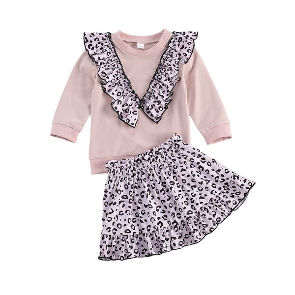 

2-6y autumn winter toddler kid child girls clothes set ruffles long sleeve pullover leopard skirts children outfits 210515, White