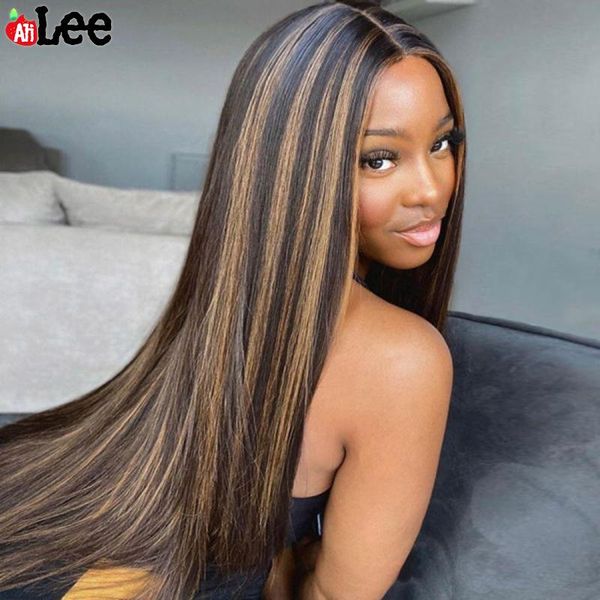 

lace wigs ali lee highlight 2 30 colored front straight transparent 13x4 ombre pre-plucked for black women, Black;brown