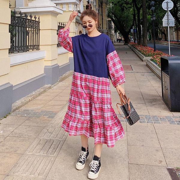 

women's dress 2021 spring autumn red grid stitching round neck korean loose 3/4 sleeve fake two-piece fashion cake e60 casual dresses, Black;gray