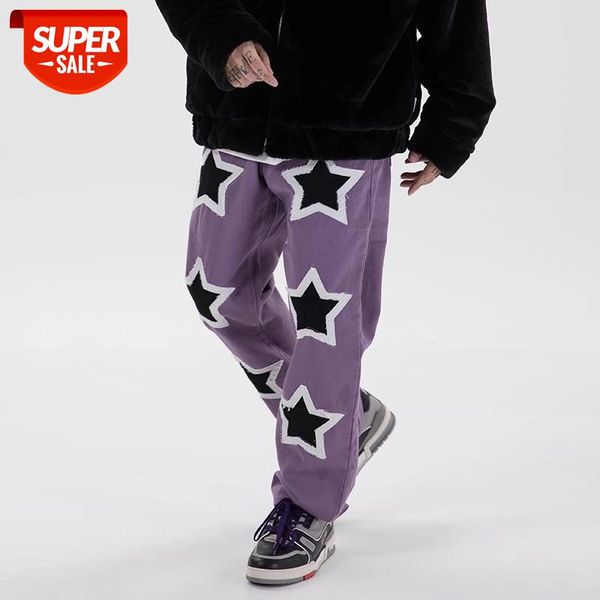 

embroidery stars frayed jeans pants men and women streetwear washed retro casual denim trousers hip hop baggy #di6k, Blue