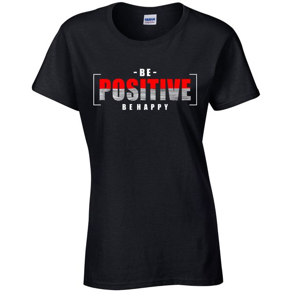 

be positive, be happy - black cotton ladies t-shirt, White;black