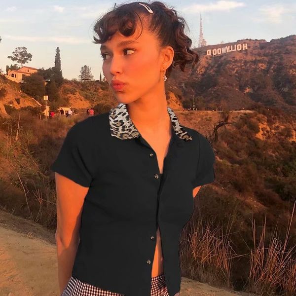 

summer women fashion patchwork leopard pirnt turn-down collar tshirts chic lady short sleeve high waist polo tshirt femme 210421, White