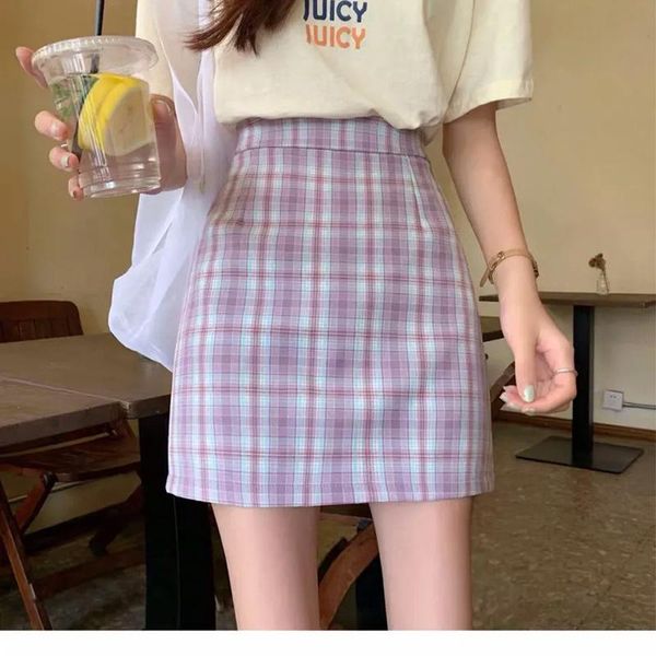 

skirts plaid skirt summer harajuku korean women's high waist mini 2021 retro street fashion pencil slim a-line, Black