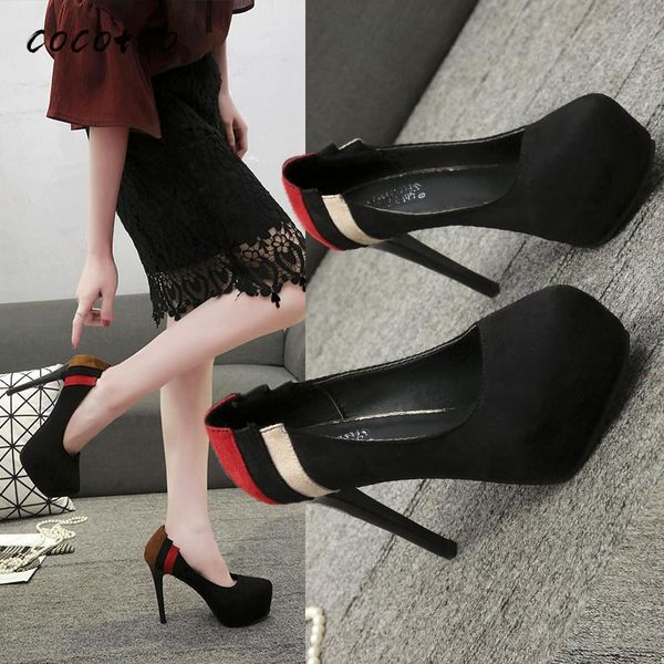 

dress shoes korean spring and autumn thin color matching round head single women waterproof platform stiletto work, Black