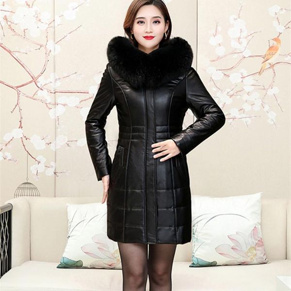

women's leather & faux mid-length thick down cotton 2021 winter fur collar middle-aged and elderly fashion slim warm jacket, Black