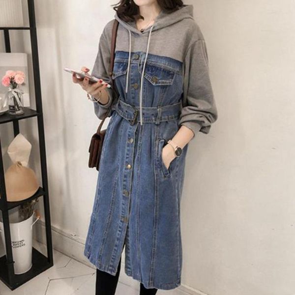 

casual dresses korean designer fashion women dress spring autumn long sleeve fake two piece denim patchwork belted hooded, Black;gray